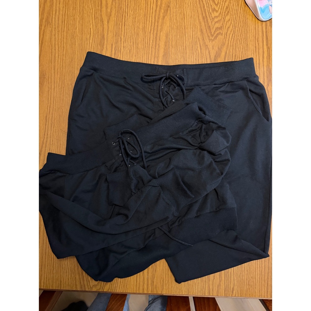 Black Lace Up Off Shoulder Crop Sweatshirt and Jogger Lounge Set 2XL